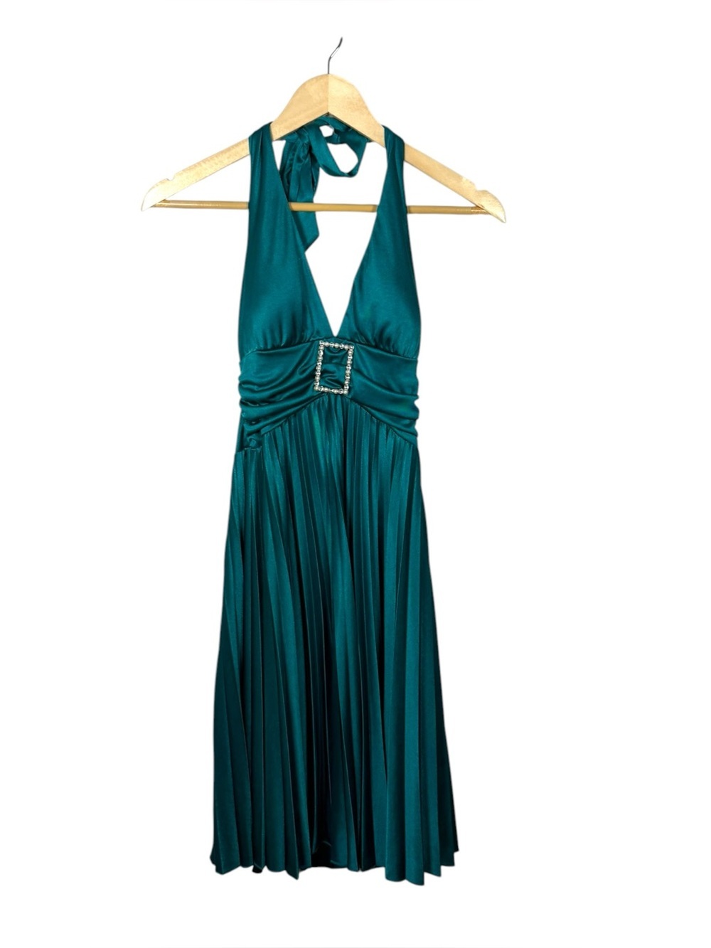 Y2K Speechless Halter Dress Teal Rhinestone Buckle Midi Size M